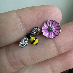 Sterling Silver 925 Bee & Flower Mismatched Earrings